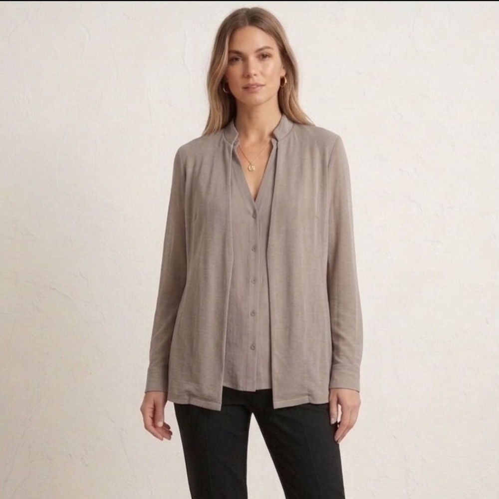 Halston Heritage Taupe Button-Down Lightweight Shirt